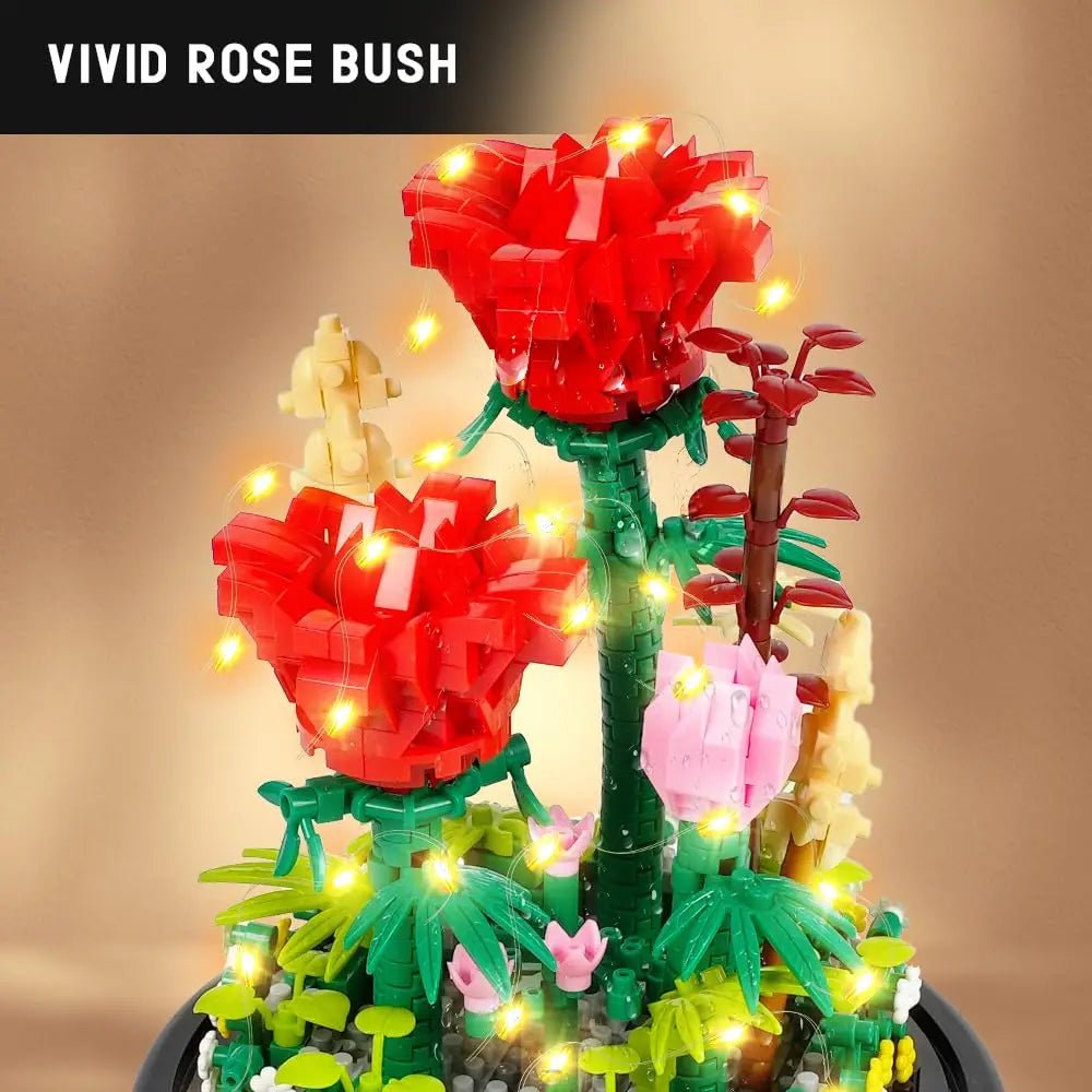 LED Flower Bouquet Building Kit - Red Roses Botanical Blocks for Valentines Gift - silverfoxgoods